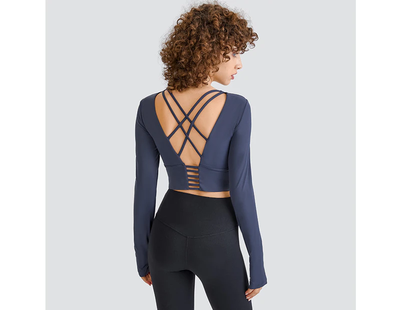 Workout Shirts Long Sleeve Lace-Cross Back Quick Drying Moisture Wicking Yoga Gym Crop Top for Gym-Dark Blue