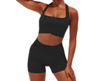 Sleeveless Solid Color Vest Shorts Set High Waist Women U-neck Bra Top High Waist Shorts Gym Clothing-Black