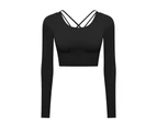 Workout Shirts Long Sleeve Lace-Cross Back Quick Drying Moisture Wicking Yoga Gym Crop Top for Gym-Black