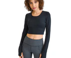 Workout Shirts Long Sleeve Lace-Cross Back Quick Drying Moisture Wicking Yoga Gym Crop Top for Gym-Black