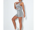 Women Summer Seamless Knitted Fitness Outfit Quick-drying Striped Bra Shorts-Light Grey