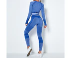Seamless Knitted Quick-drying Tracksuit Women Striped Long-sleeved Blouse Pants-Blue
