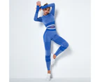 Seamless Knitted Quick-drying Tracksuit Women Striped Long-sleeved Blouse Pants-Blue