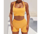 Sleeveless Solid Color Vest Shorts Set High Waist Women U-neck Bra Top High Waist Shorts Gym Clothing-Yellow