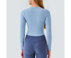 Yoga Crop Top Solid Color Slim Nylon Moisture Wicking Sport Shirt for Women-Blue