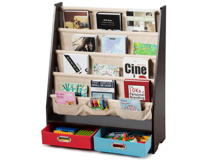 Giantex 5-tier Kids Bookshelf Wooden Bookcase Toys Storage Organiser Display Shelves w/4 Sling Bookshelf & 2 Boxes, Espresso