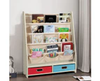 Giantex 5-tier Kids Bookshelf Wooden Bookcase Toys Storage Organiser Display Shelves w/4 Sling Bookshelf & 2 Boxes, Beige