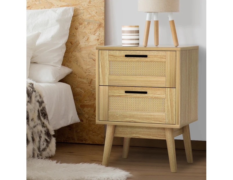 Artiss Rattan Bedside Table 2 Drawers Wood - RIE Oak