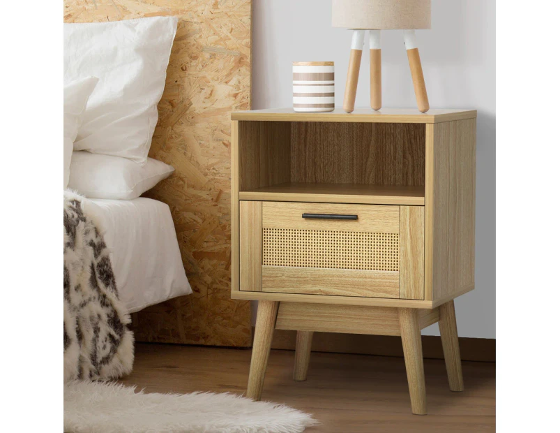 Artiss Rattan Bedside Table 1 Drawer with Shelf - REI Oak