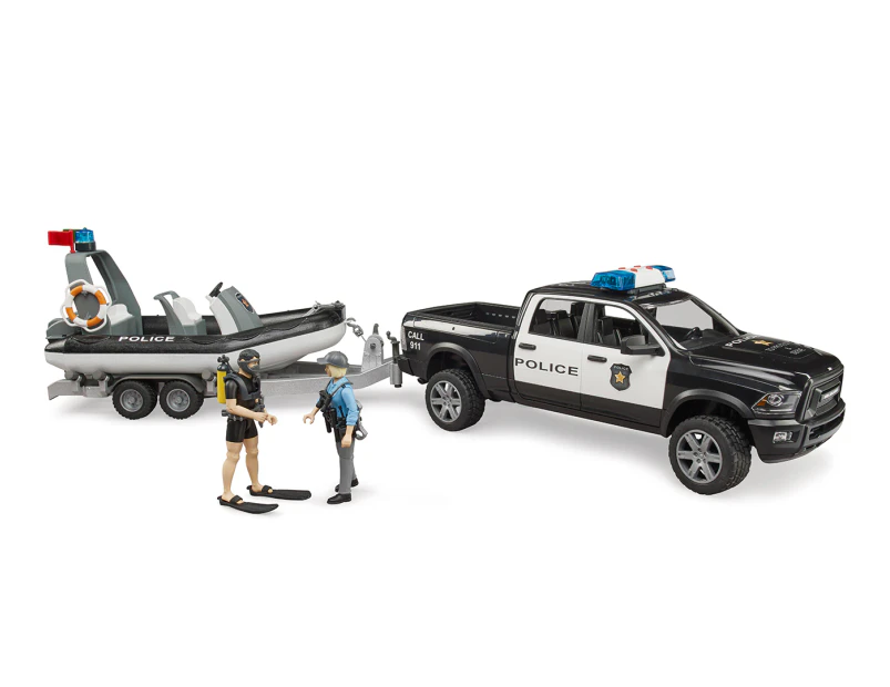 Bruder 1:16 RAM 2500 Police Pickup w/ Trailer, Boat & Policeman Toy