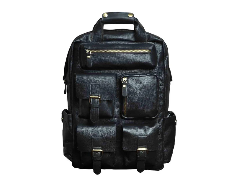 Men Original Real Leather Fashion Blue Travel College School Book Bag Designer Male Backpack Daypack Student Laptop Bag 1170 - Black