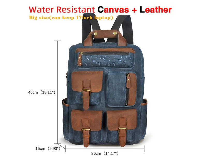 Men Original Leather Fashion Travel University College School Bag Designer Male Black Backpack Daypack Student Laptop Bag 1170-b - Canvas-blue