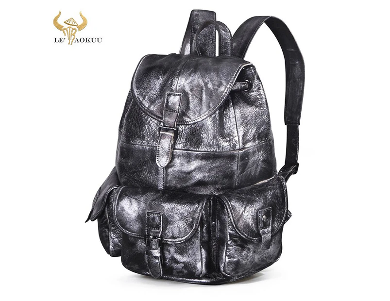 Men Original Leather Fashion Travel University College School Book Bag Designer Male Backpack Daypack Student Laptop Bag 9950 - Silver