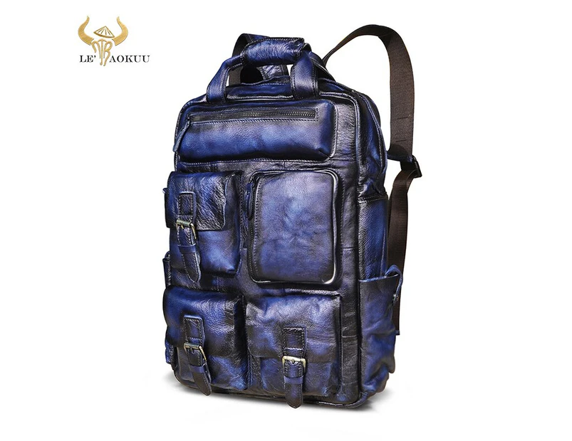 Quality Leather Fashion Travel College School Bag Design Male Heavy Duty Large Backpack Daypack Student Laptop Bag Men 1170-dc - Deep Blue