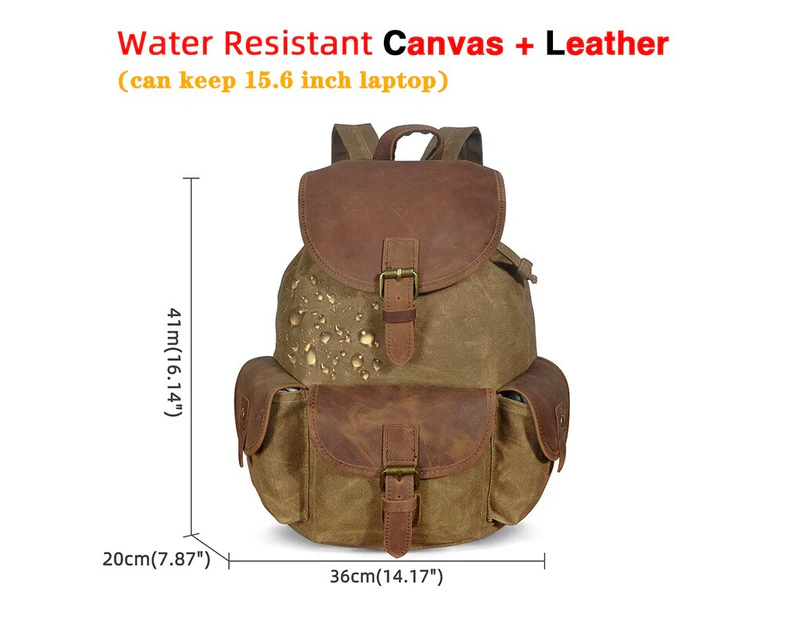 Waterproof Canvas+Genuine Leather Travel University College School Bag Daypack Rucksack Backpack For Men Male Laptop Bag 9950 - Canvas-khaki