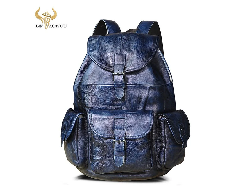 Water Resistant Canvas+Genuine Leather Travel University College School Bag Rucksack Backpack Daypack For Men Laptop Bag 9950 - Blue