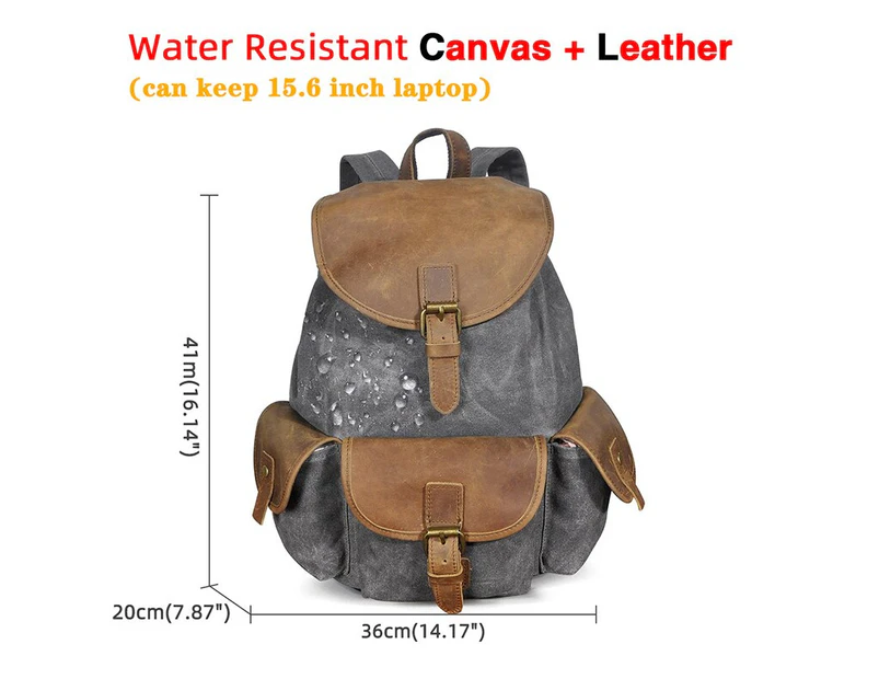 Water Resistant Canvas+Genuine Leather Travel University College School Bag Rucksack Backpack Daypack For Men Laptop Bag 9950 - Canvas-gray