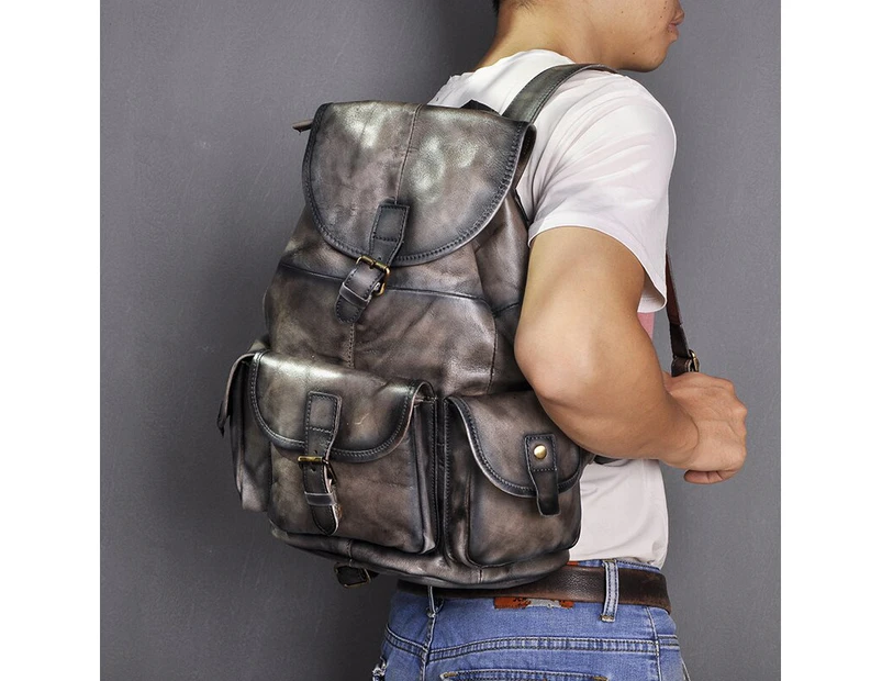Waterproof Canvas+Real Leather Travel University College School Bag Daypack Rucksack Backpack For Men Male Laptop Bag 9950 - Dark coffee