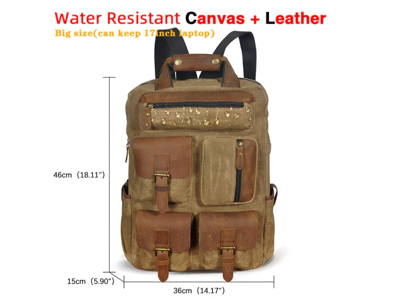 Waterproof Canvas+Quality Leather Travel University College School Bag Designer Backpack For Men Male Daypack Laptop Bag 1170 - Canvas-khaki
