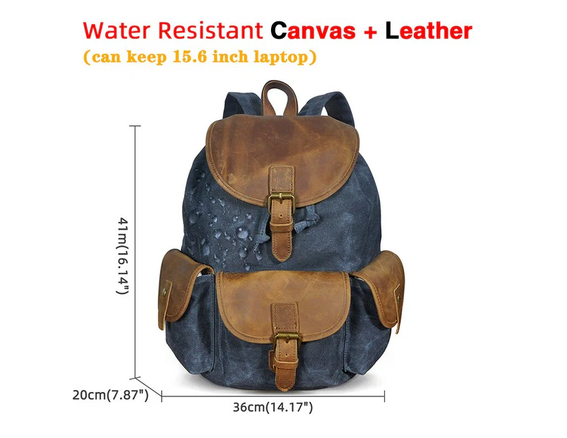 Waterproof Canvas+Thick Leather Travel University College School Bag Daypack Rucksack Backpack For Men Male Laptop Bag 9950 - Canvas-blue
