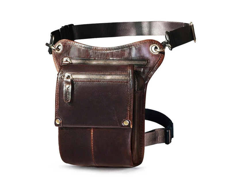 Original Leather Fashion Small Travel Messenger Sling Bag Design Fanny Waist Belt Pack Drop Leg Bag For Men Women Female 211-4 - Coffee