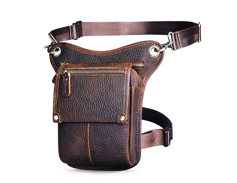 Soft Genuine Leather Men Women Female Fashion Small Travel Messenger Sling Bag Design Fanny Waist Belt Pack Drop Leg Bag 211-4 - Dark brown 2