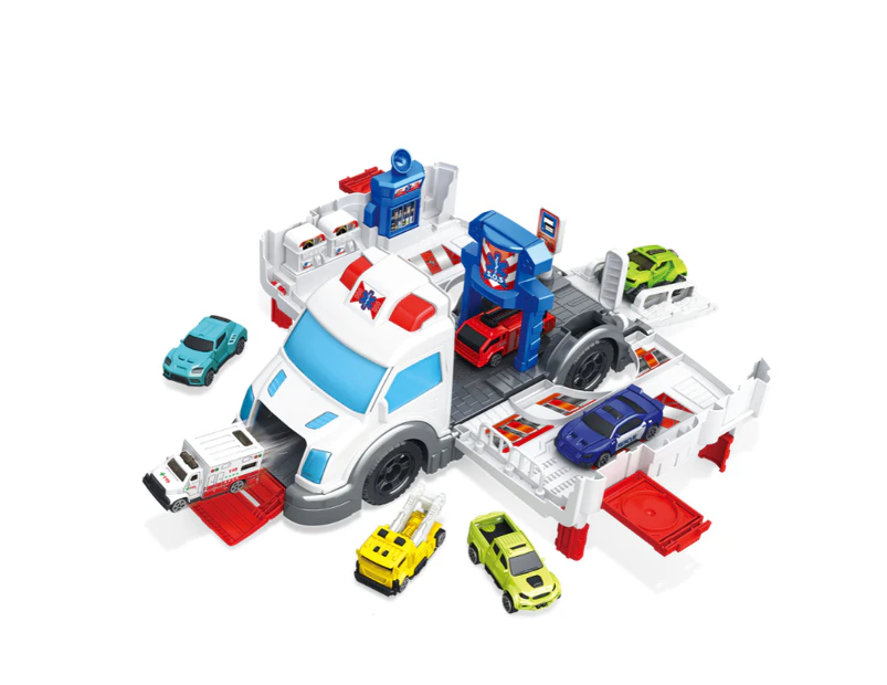 Ambulance Model Kids Play Transport Engineering Vehicles Car Toy Medium Size with 7 Cars Boys Toys Gift