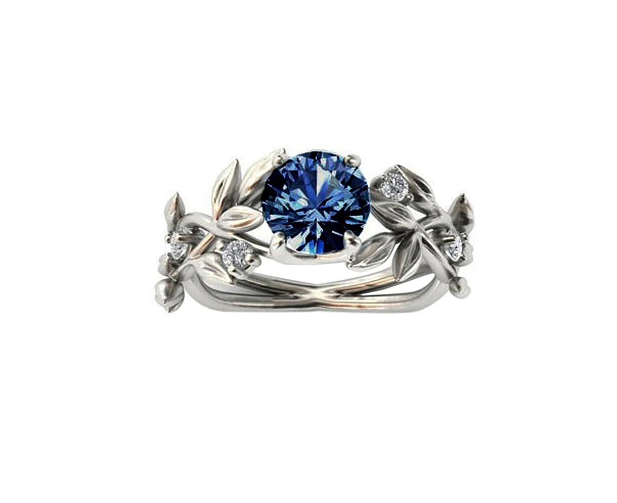 Elegant Wedding Bridal Leaves Vine Hollow Shiny Rhinestone Lady Ring Jewelry-Sapphire Blue Alloy, Rhinestone