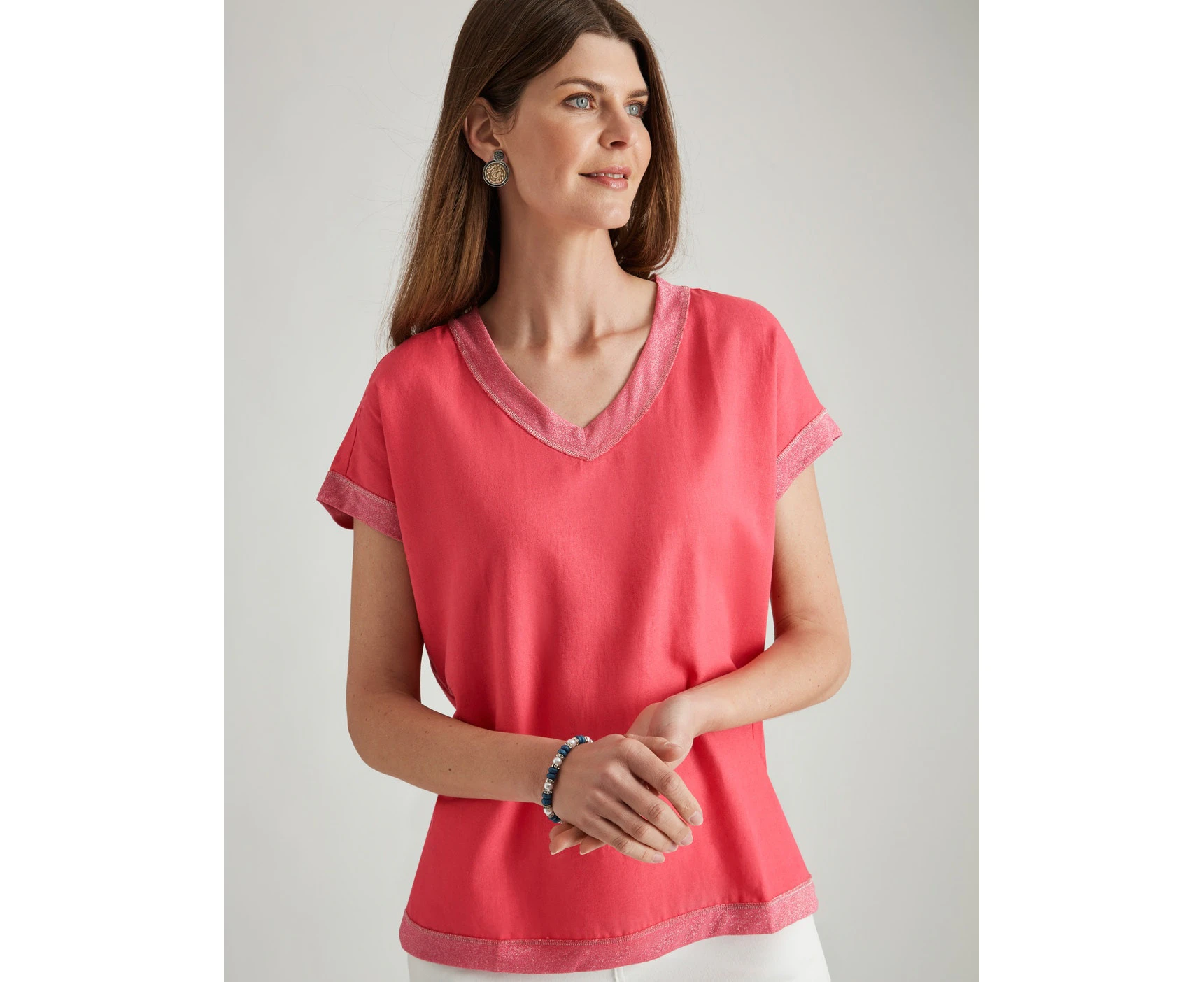 W Lane - Womens Summer Tops - Pink Basic - Linen - Vivid - Smart Casual Fashion - Short Sleeve - Knit - Trim Back - Office Wear Everyday Work Clothes