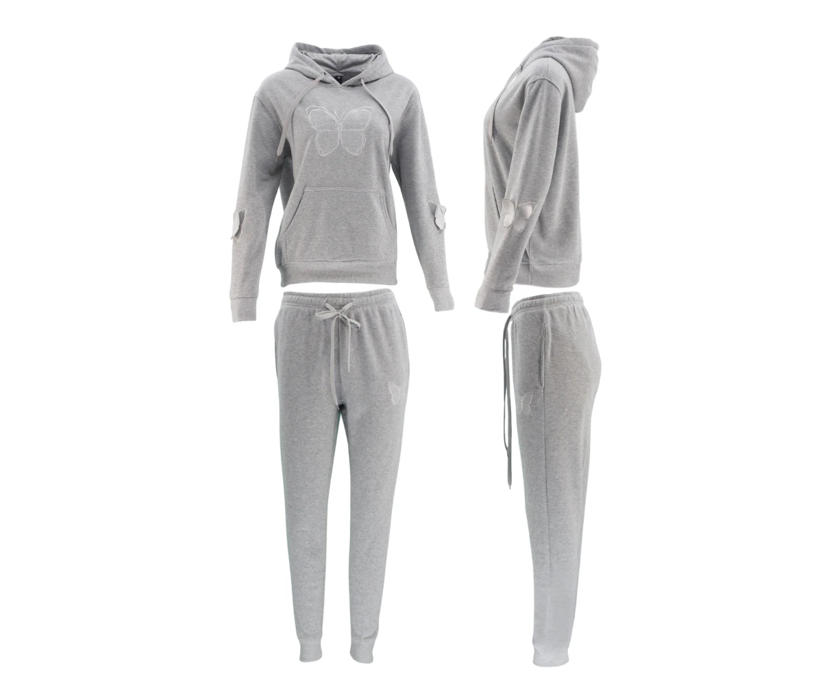 FIL Women's Embossed Fleece Hoodie Tracksuit Set - Butterfly/Light Grey