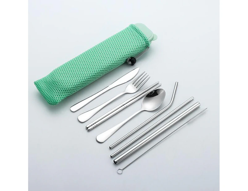 Camping cutlery, 8-piece outdoor travel cutlery, hiking cutlery, picnic cutlery set with knife, fork, spoon, chopsticks, metal straws, cleaning brush-Grün