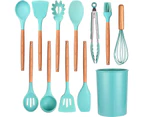 Kitchen utensil set, silicone, 11-piece cooking utensil set with holder kitchen utensils with wooden handle non-stick coated and heat-resistant kit-Grün