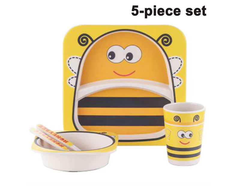 Bamboo Kids Plates and Bowls Sets Non Toxic & Eco Friendly 5 Pcs Includes Toddler Plates Set Cute Animal Designs Kids Dinnerware Sets Dishwasher Safe-Bee