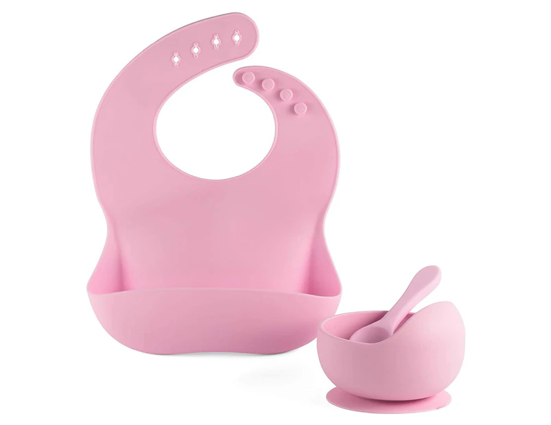 Baby Feeding Set - Silicone Bibs Babies Suction Bowls Baby Training Spoon-  Waterproof Baby Food Bibs First Stage Toddler Feeding Supplies-Cotton Candy  Pink