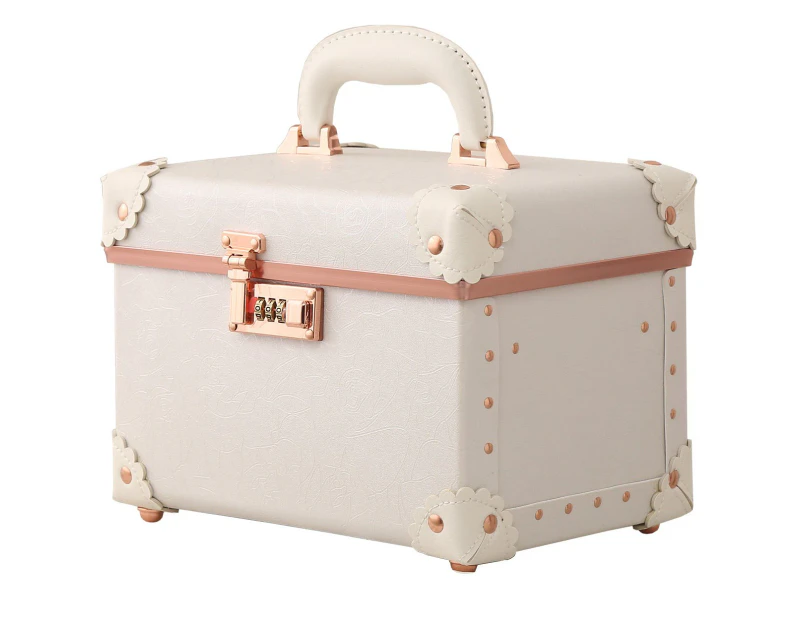 Portable Makeup Train Case Cosmetic Organizer Case Leather Storage Box with Combination Lock (10") - White