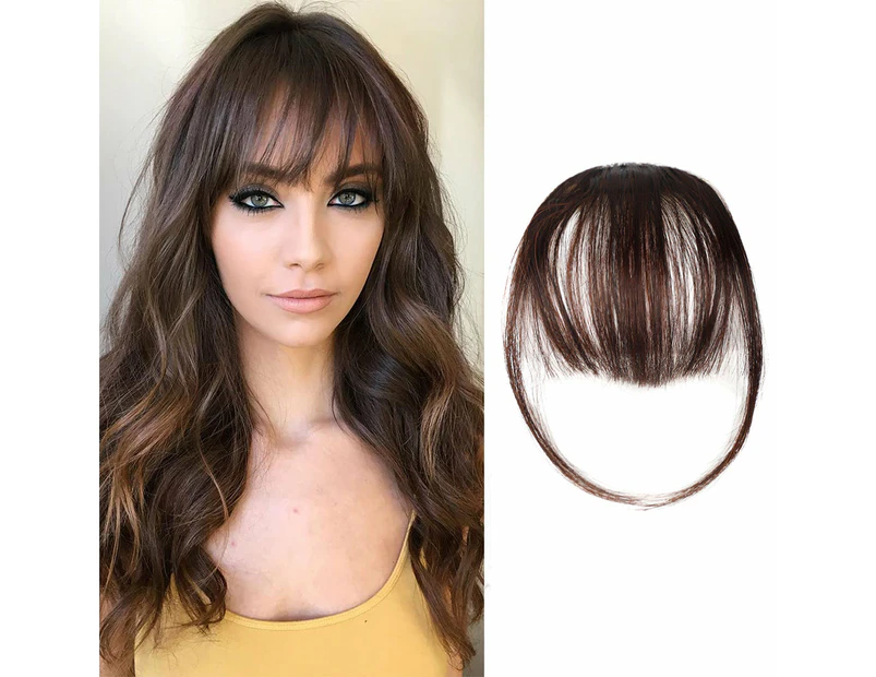 2Pcs Clip In on Bangs Fringe Fake Hair Extensions Front Neat Hair Dark Brown