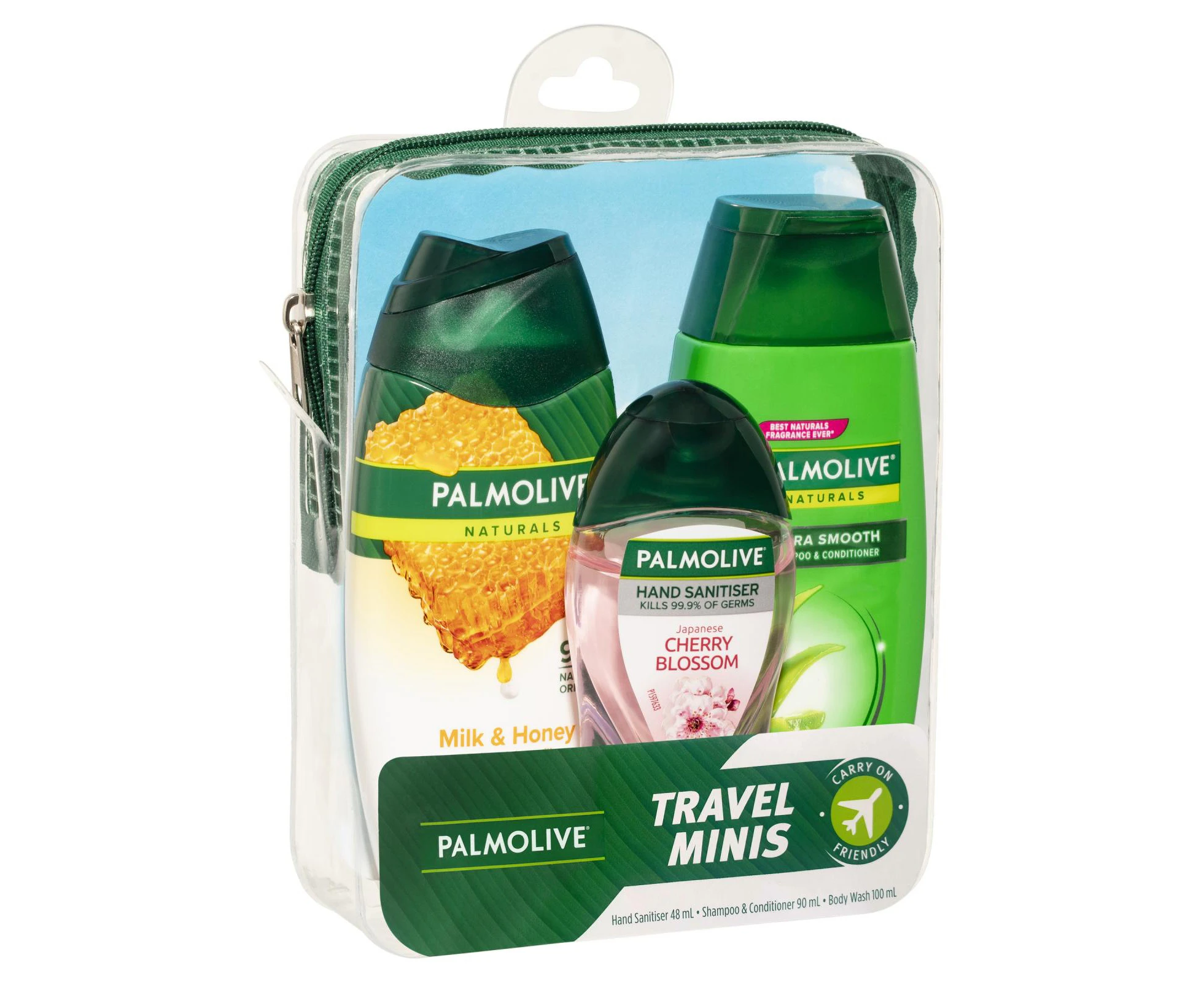 Palmolive Travel Minis Pack, Antibacterial Hand Sanitiser 48mL, Hair Shampoo & Conditioner 90mL, Body Wash 100mL