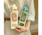 Kawaii Water Bottle with Straw and Sticker 23.6oz No Leak Large Cute Kawaii Bear Water Bottles Sport Plastic Portable Square Drinking Bottle for -C-Green
