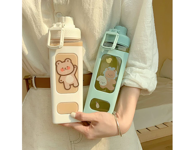Kawaii Water Bottle with Straw and Sticker 23.6oz No Leak Large Cute Kawaii Bear Water Bottles Sport Plastic Portable Square Drinking Bottle for -C-Green