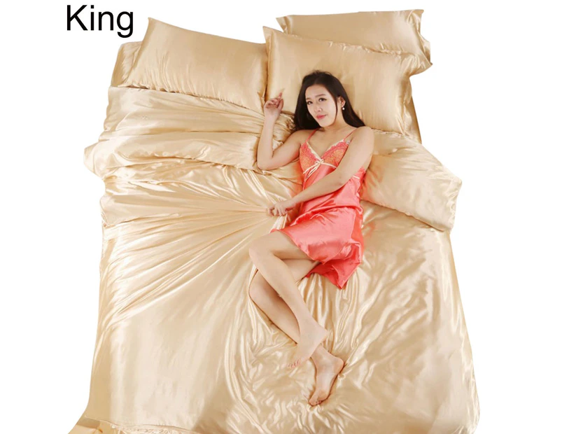 3/4Pcs Satin Soft Quilt Duvet Cover Pillowcases Bed Sheet Bedclothes Bedding Set-Camel