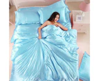 3/4Pcs Satin Soft Quilt Duvet Cover Pillowcases Bed Sheet Bedclothes Bedding Set-Aqua Blue