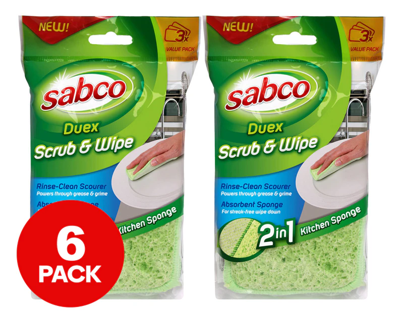 2 x 3pk Sabco Duex Scrub & Wipe Kitchen Sponge