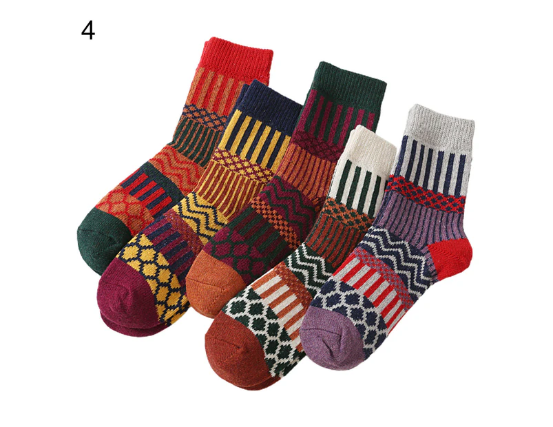 5 Pairs Middle Cut Coldproof Girls Socks Ribbed Ankle Thick Knitted Ethnic Print Crew Socks for Autumn Winter-4 - 4