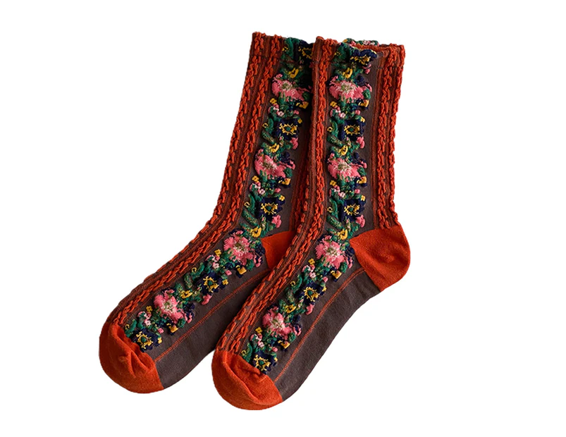 1 Pair Middle Tube Twist Warm Women Socks Flower Pattern Ethnic Print Crew Socks for Autumn Winter-Red - Red