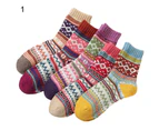 5 Pairs Middle Cut Coldproof Girls Socks Ribbed Ankle Thick Knitted Ethnic Print Crew Socks for Autumn Winter-1 - 1
