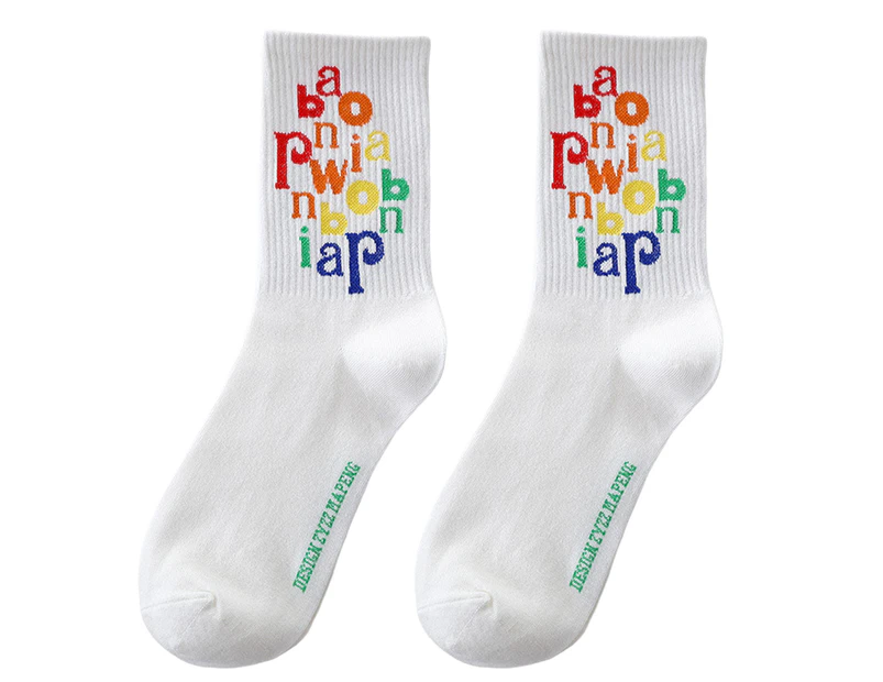 Men Stockings Contrast Color Soft Fabric Lightweight Vibrant Breathable Rainbow Colors Letter Print High Elasticity Student Long Socks for Running-A - A