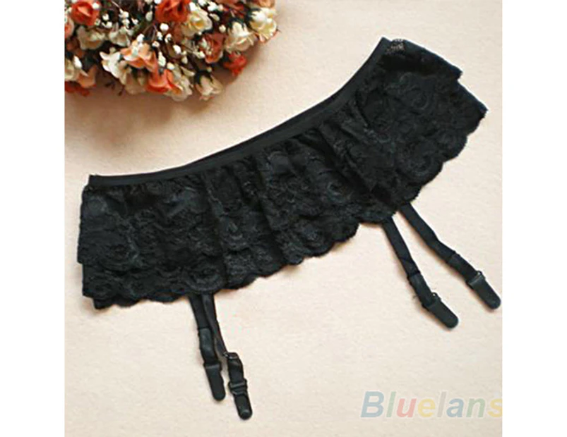 Lady Sexy Double Layers Floral Lace Garter Belts Skirt Stocking Suspenders-Black - Black