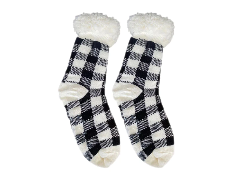 1 Pair Anti-skid Middle Tube Floor Socks Fleece Lined Plaid Print Women Warm Fluffy Socks Clothes Accessories-5 - 5