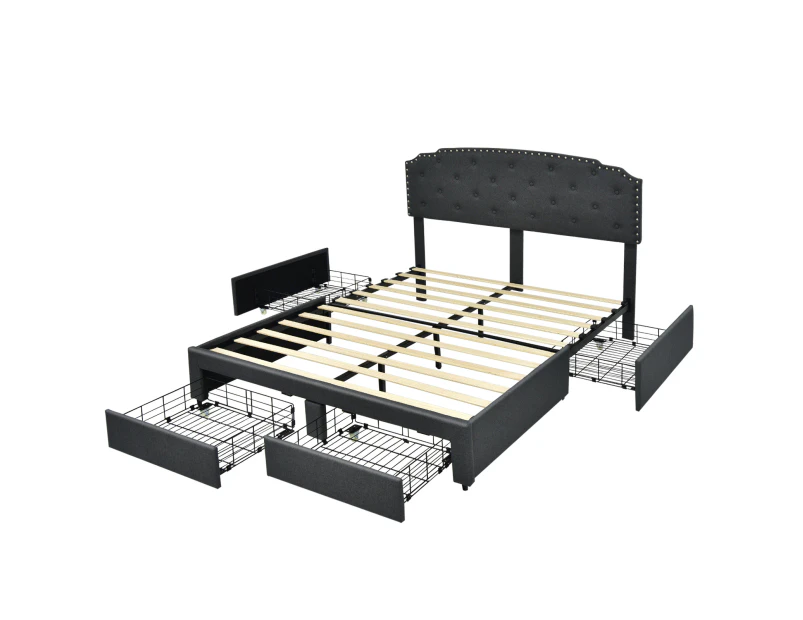 Giantex Full Size Bed Frame w/4 Storage Drawers & Adjustable Button Tufted Headboard Upholstered Platform Grey