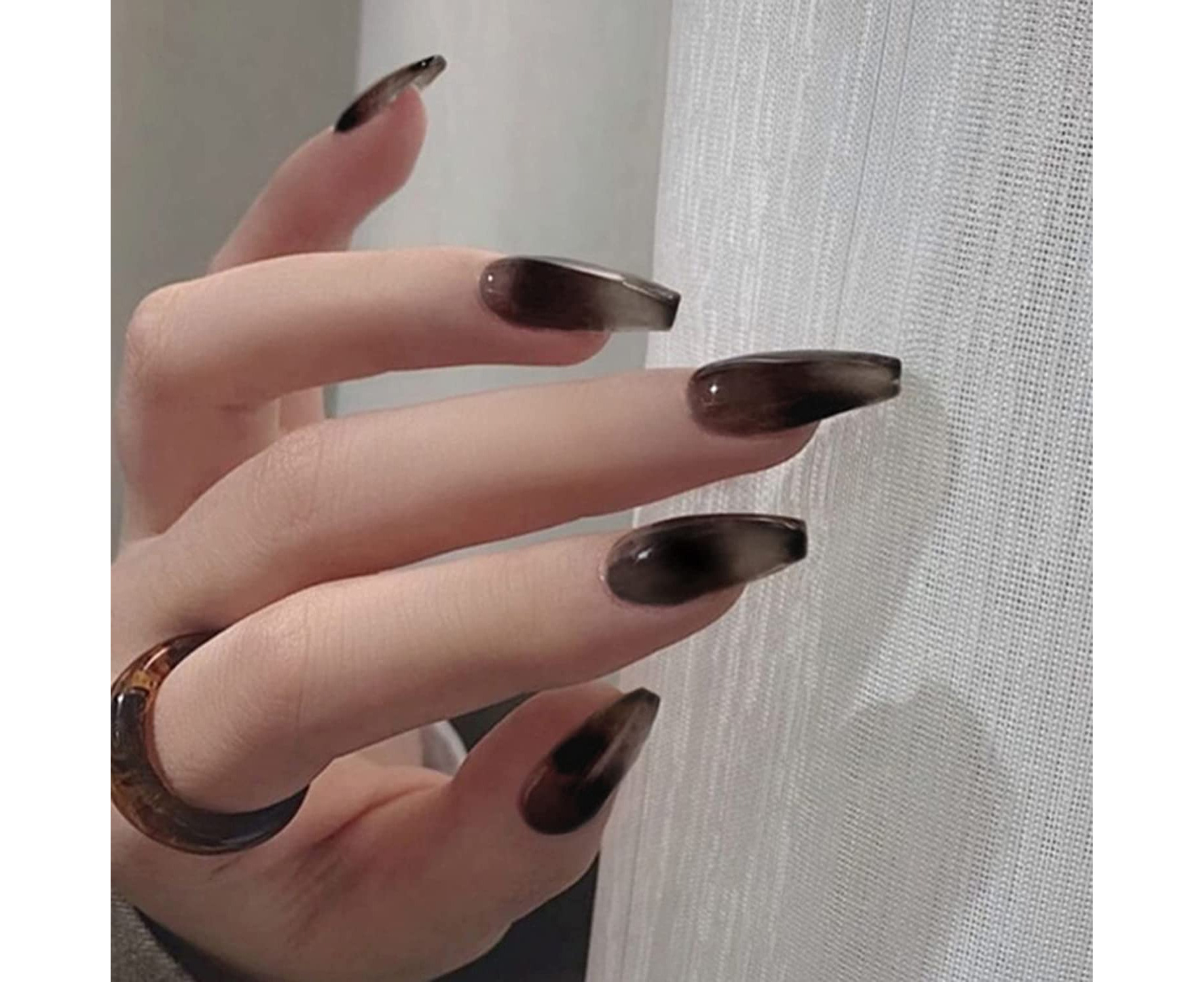 French Coffin Press on Nails for Women GlossyCover False Nails Ballerina Nail  Art DIY Acrylic Fake Nail Tips Stick on Nails 24Pcs-Ink-Black Smudge |  